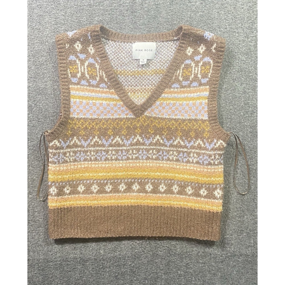 Pink Rose Women'S Knit Sweater Vest In Brown/White Size M